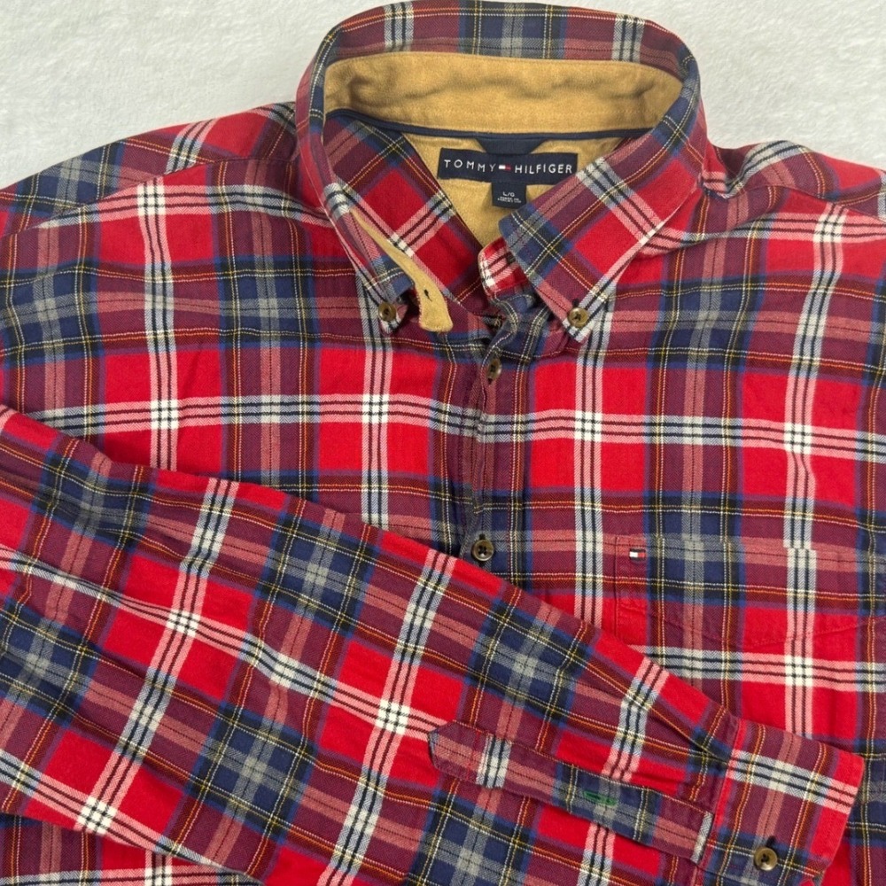 Tommy Hilfiger Mens Red Plaid Long Sleeve Button Down Shirt Large Cotton